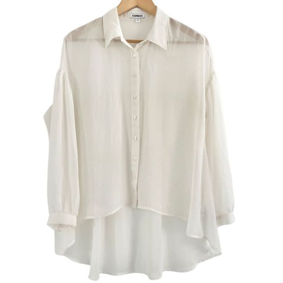 𝅺EXPRESS Sheer Hi Lo Button Down Pleated Tunic Blouse Size Small - Picture 2 of 7